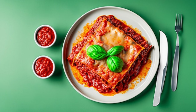 Photo delicious plate of beef lasagna with tomato sauce on a white background