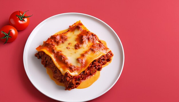 Delicious Plate of Beef Lasagna with Tomato Sauce on a White Background