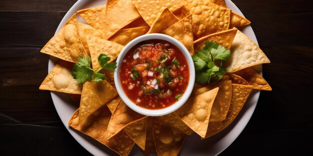 Delicious Plate of Chips and Salsa on a White Background where the crispy chips and vibrant salsa c