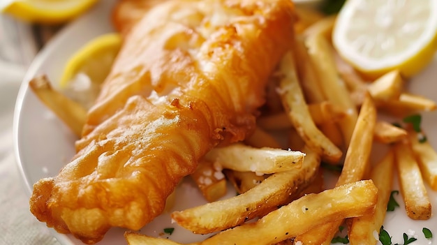 Photo a delicious plate of golden brown fish and chips the fish is lightly battered and fried to perfection and the chips are crispy and wellseasoned