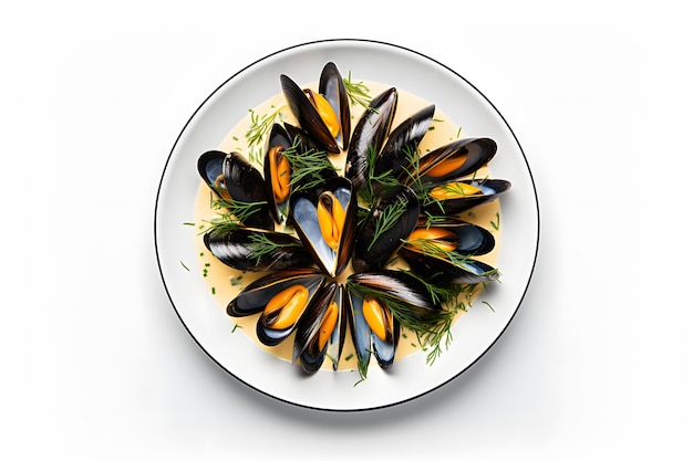 Photo delicious plate of mussels with fresh dill and dillies perfect for seafood lovers and