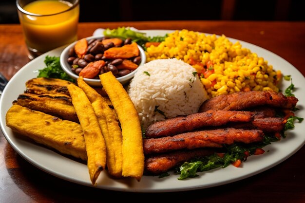 Фото Вкусная тарелка колумбийской еды с рисовыми бобами и бананами