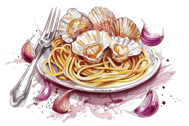 Photo delicious plate of pasta with scallops and onions perfect for food blogs and restaurant menus