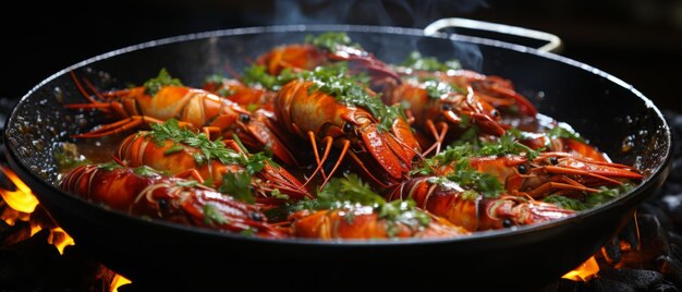 Photo a delicious plate of shrimp cooked in a pan with parsley on top