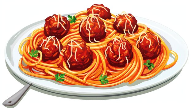 Photo a delicious plate of spaghetti and meatballs the spaghetti is topped with a rich tomato sauce and the meatballs are tender and juicy