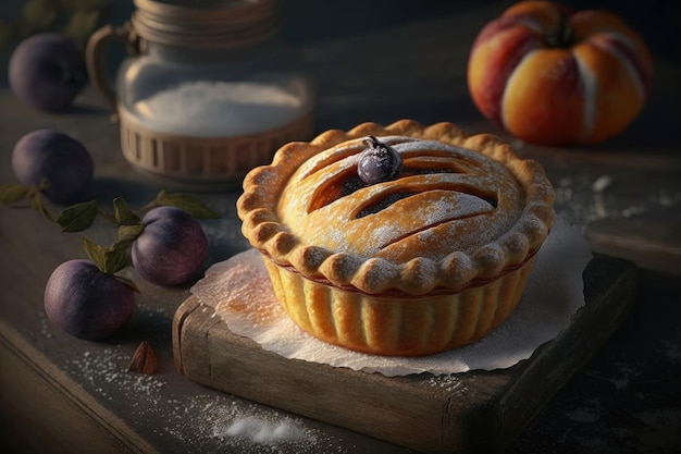 Delicious plum mini pie with thick rich dough on table