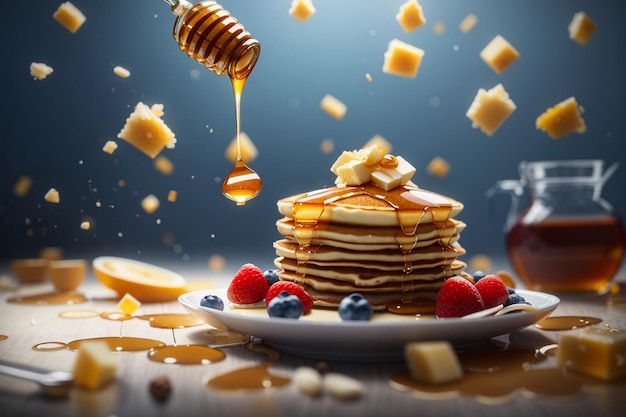 Delicious Pnacake and honey floating in the air cinematic food professional photography