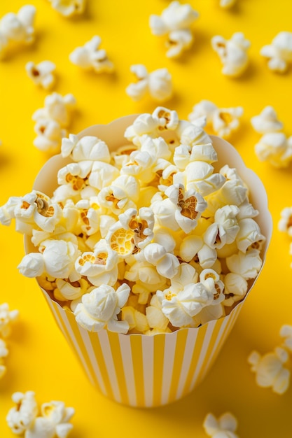 Delicious popcorn in yellow striped carton bucket box with copy space