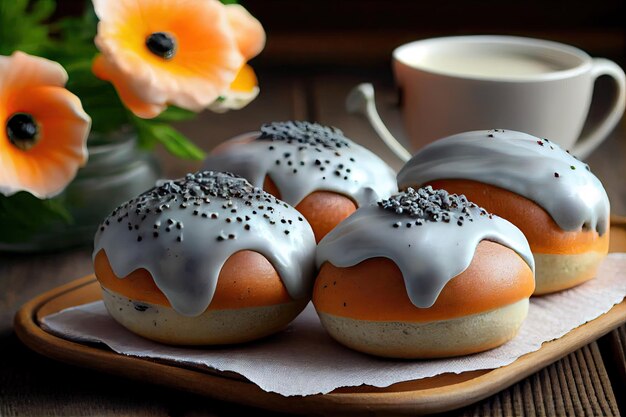 Delicious poppy seed buns with delicate glaze and icing