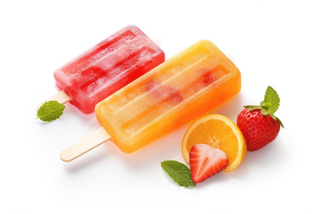 Вкусные леденцы с фруктами на белом фоне сверху. Летний десерт. Оранжевые и клубничные леденцы на белом фоне.