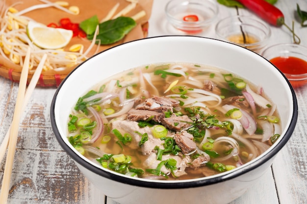 Delicious and popular fo Bo soup with beef broth