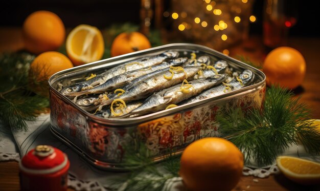 Фото Вкусные португальские рождественские сардины, жареные в деталях на подносе на украшенном рождественском столе
