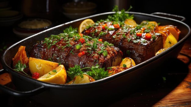 delicious pot roast meat with black and blur background