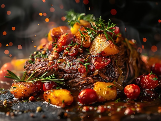 Delicious pot roast photography explosion flavors studio lighting studio background welllit vibrant colors sharpfocus highquality artistic unique awardwinning photograph