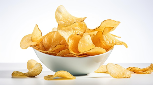 Delicious potato chips flying isolated on white background