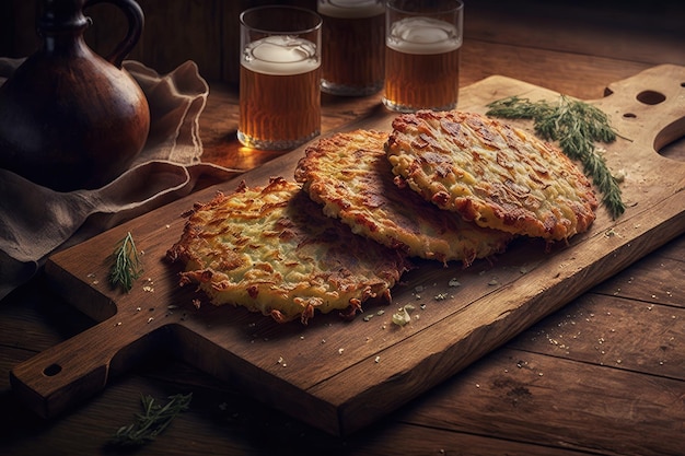 Delicious potato pancakes with brown fried surface on wooden board