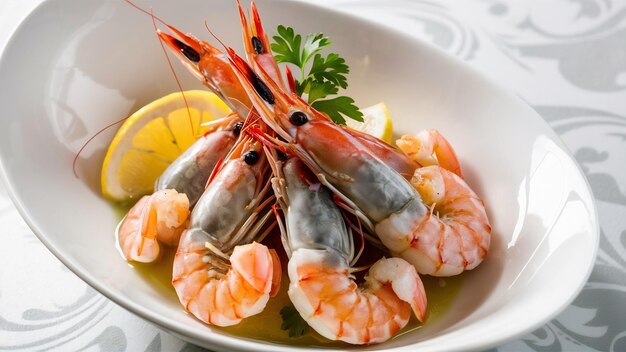 Delicious prawns on the porcelain dish