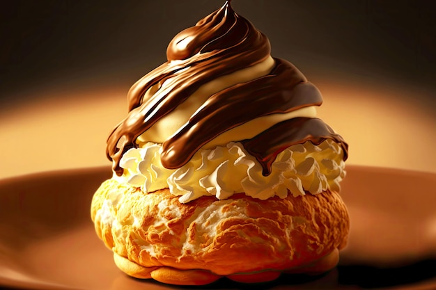 Delicious profiteroles on brown plate baked in bakery