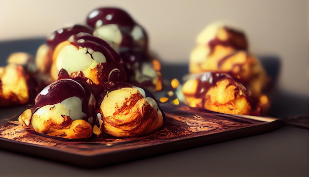 Foto deliziosi profiteroles con cioccolato sulla piastra fuoco selettivo immagine su sfondo chiaro generativo