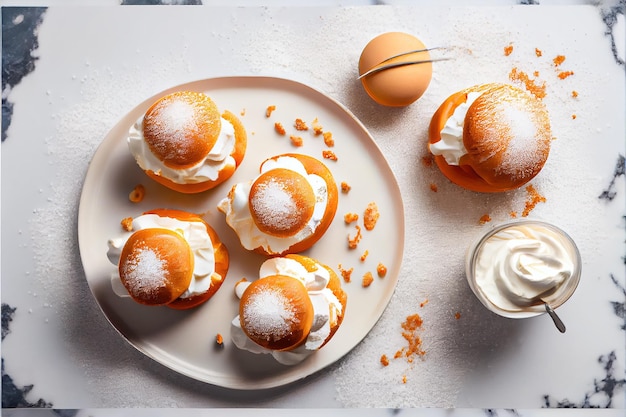 Delicious profiteroles with cream filling and powder