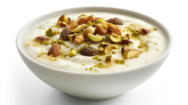 Delicious pudding bowl with different nuts on white background