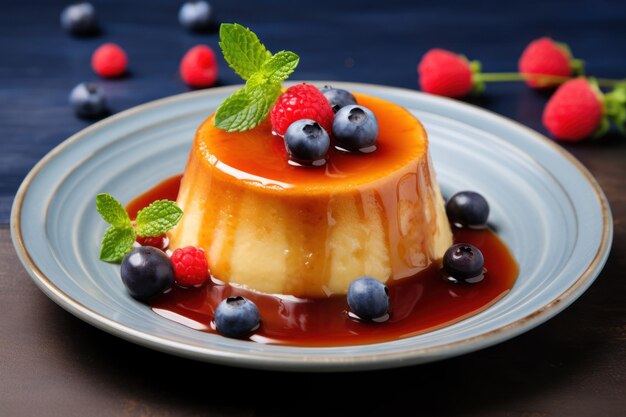 Delicious pudding with caramel and berries on blue wooden table