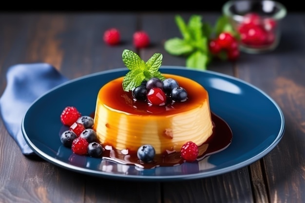 Delicious pudding with caramel and berries on blue wooden table