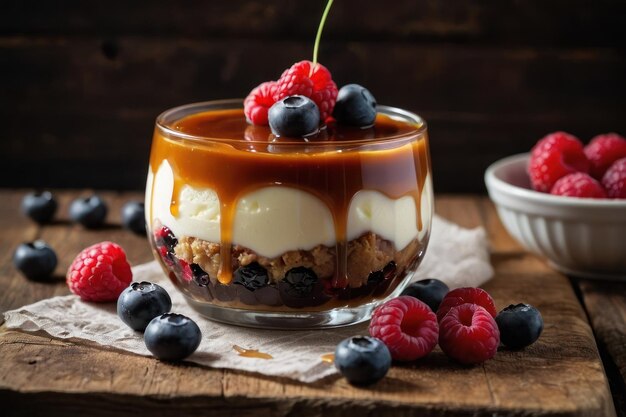 delicious pudding with caramel and berries on wooden table