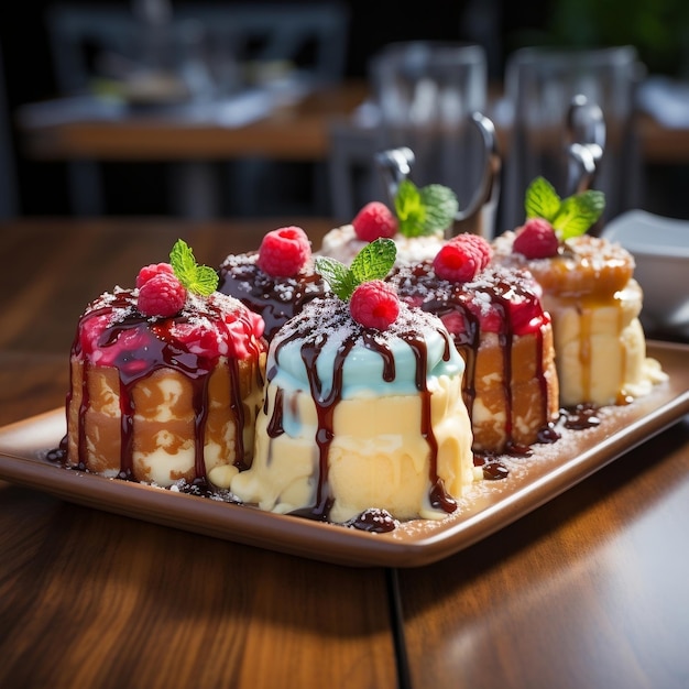 Photo delicious puddings served on wooden board on a table in the cafe