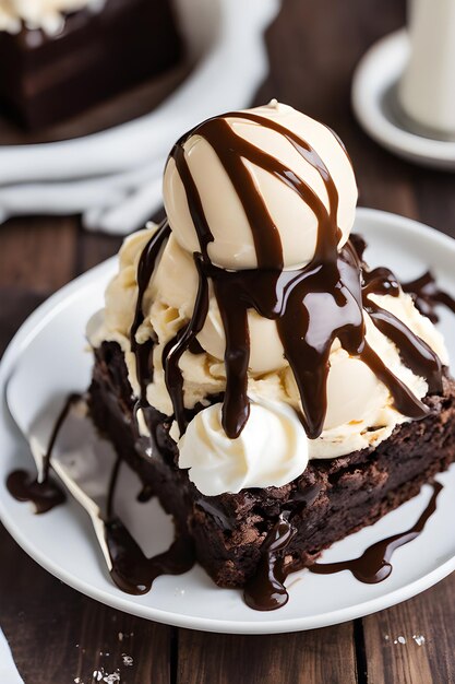 delicious pumpkin chocolate brownie with ice cream on a plate