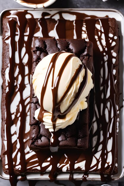 Delicious pumpkin chocolate brownie with ice cream on a plate