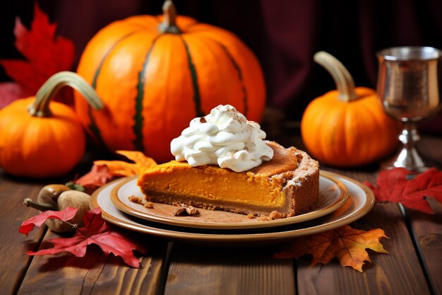 Photo delicious pumpkin pie on plate on wooden table closeup