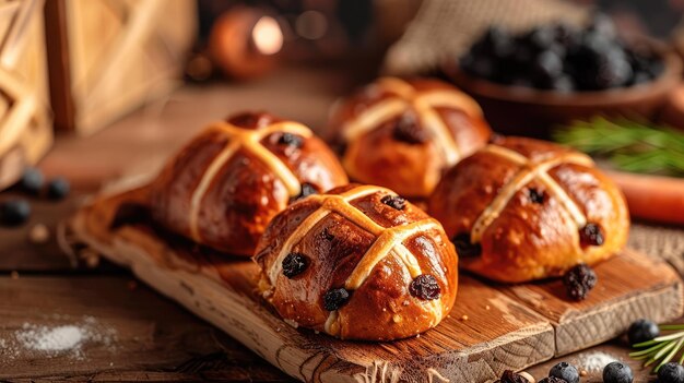 Delicious Raisin Hot Cross Buns op houten plank