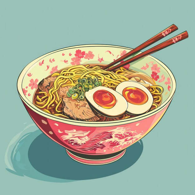 Photo delicious ramen bowl a mouthwatering illustration of a traditional japanese asian cuisine dish with fresh noodles tasty meat and healthy vegetables served in a cartoon style