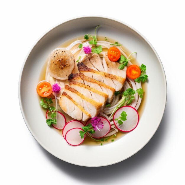 Photo delicious ramen dish with roasted monkfish steak and radish