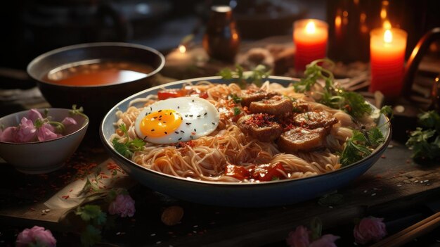 Foto deliziosi noodle ramen con topping di uova sullo sfondo sfocato.