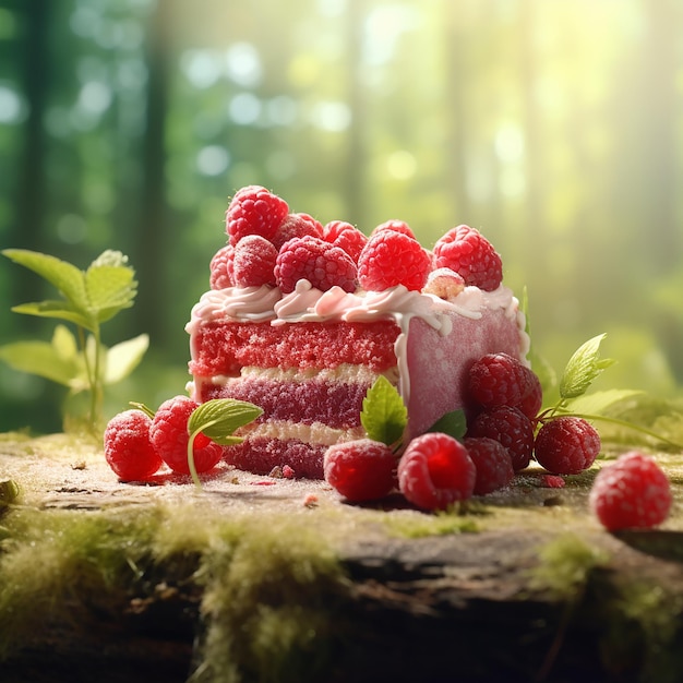 Delicious raspberry cake with fresh fruit on the top