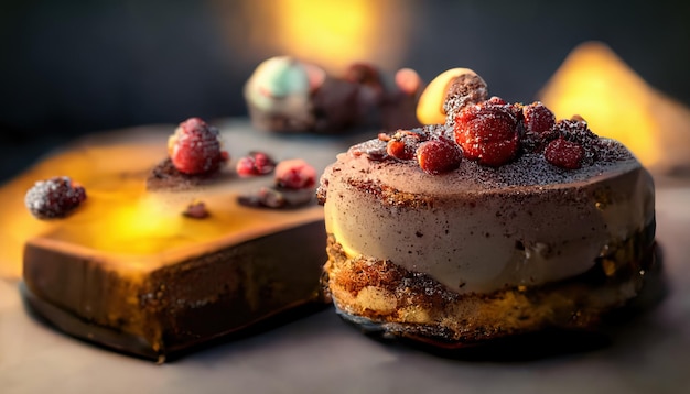 Delizioso dessert ai lamponi con crema alla vaniglia. 3drender generato con ai