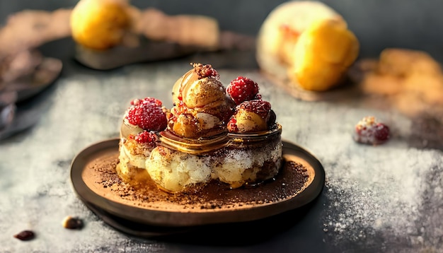 Вкусный малиновый десерт с ванильным кремом. 3drender сгенерирован с помощью ИИ