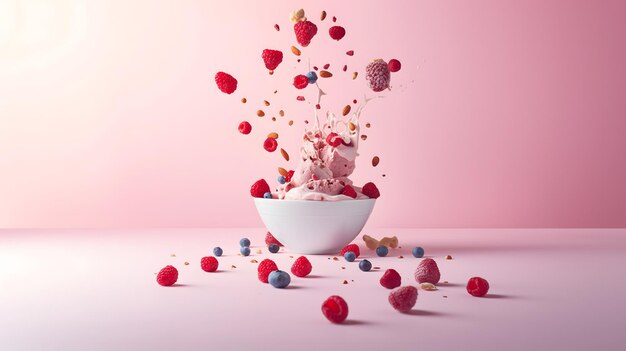 Delicious Raspberry Ice Cream in a White Bowl with Berries and Nuts