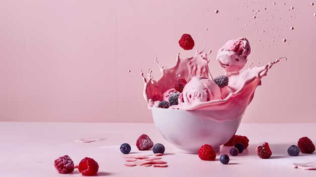 Delicious Raspberry Ice Cream in a White Bowl with Berries and Nuts