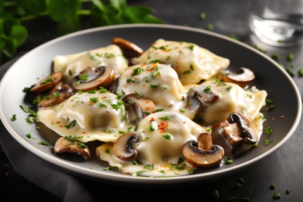 Delicious ravioli with mushrooms served on grey table closeup