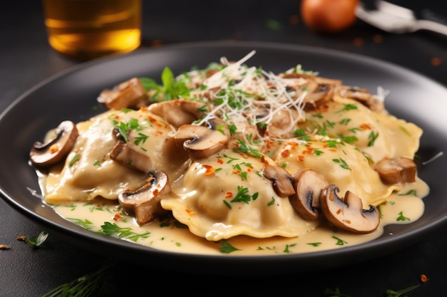 Delicious ravioli with mushrooms served on grey table closeup