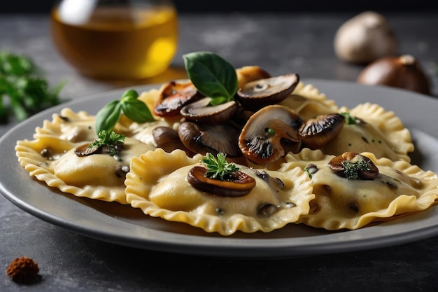 Delicious ravioli with mushrooms served on grey table closeup