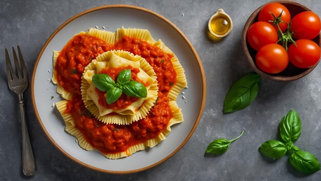 Foto deliziosi ravioli con salsa di pomodoro e formaggio di basilico in cucina