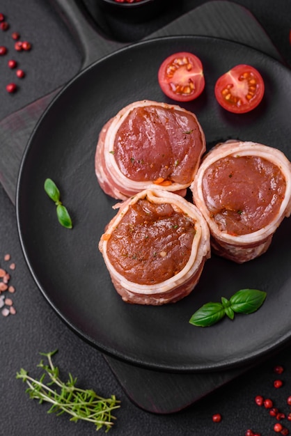 Delicious raw fresh pork or chicken meat rolls wrapped in bacon