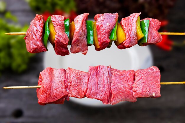 Delicious raw meat skewer beef