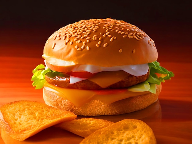 A delicious and realistic burger against a white background