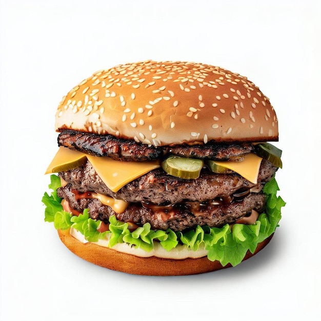 A delicious and realistic burger against a white background