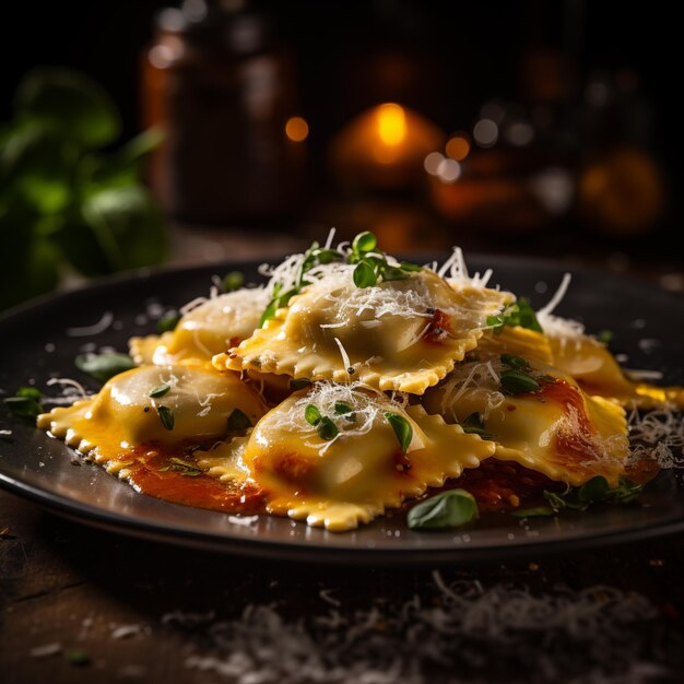 Delicious realistic ravioli restaurant food on the black background vegetable